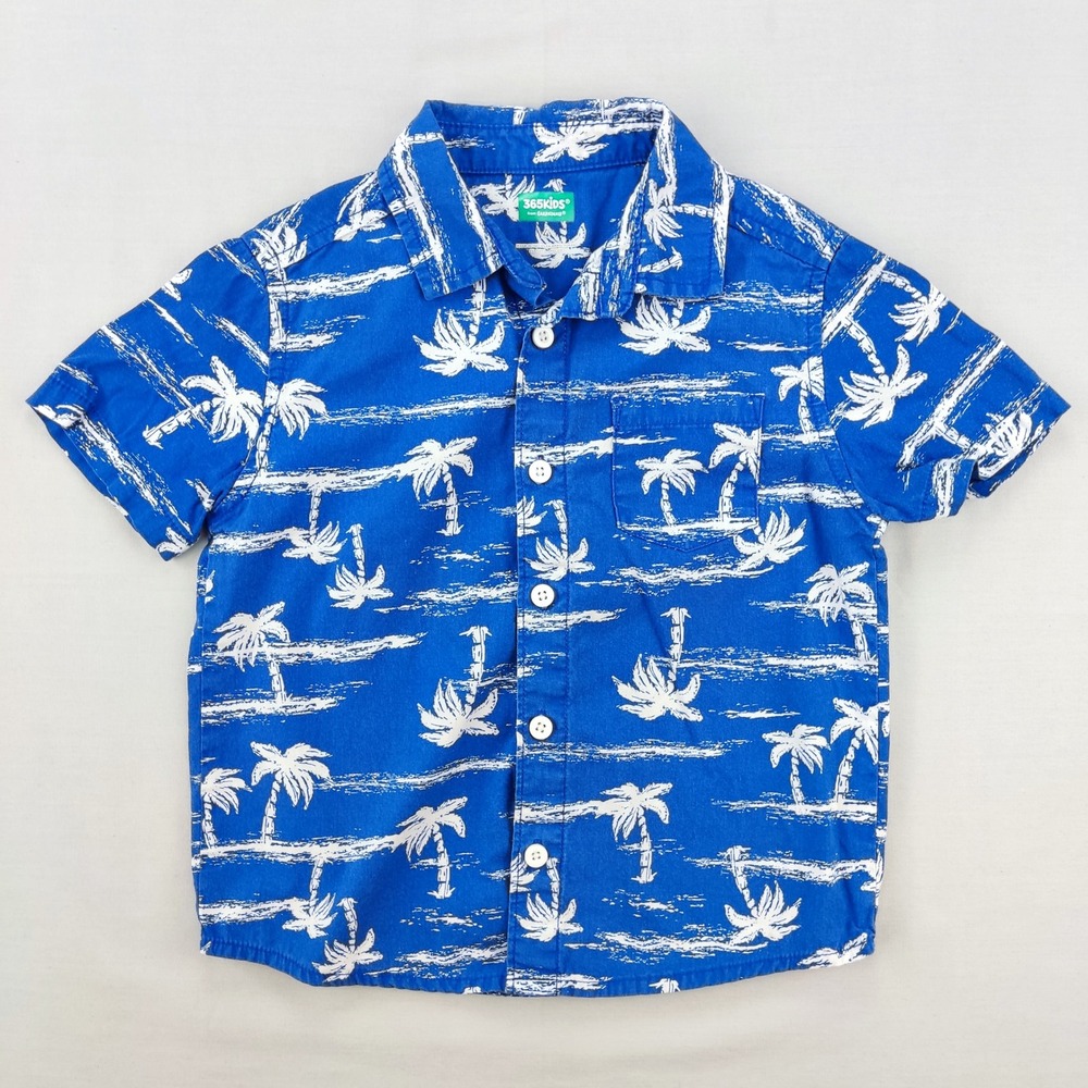 365Kids Button Down Boys 4 Blue Palm Tree Tropical Short Sleeve Cotton Shirt